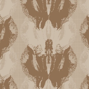 Large block print abstract wings in brown, tan and beige with linen texture.