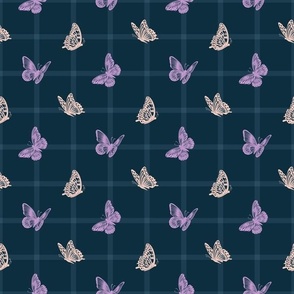 Fluttering Butterflies - pink and lavender on navy blue
