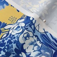 Whimsical toile de jouy with kittens and country scene in blue and yellow