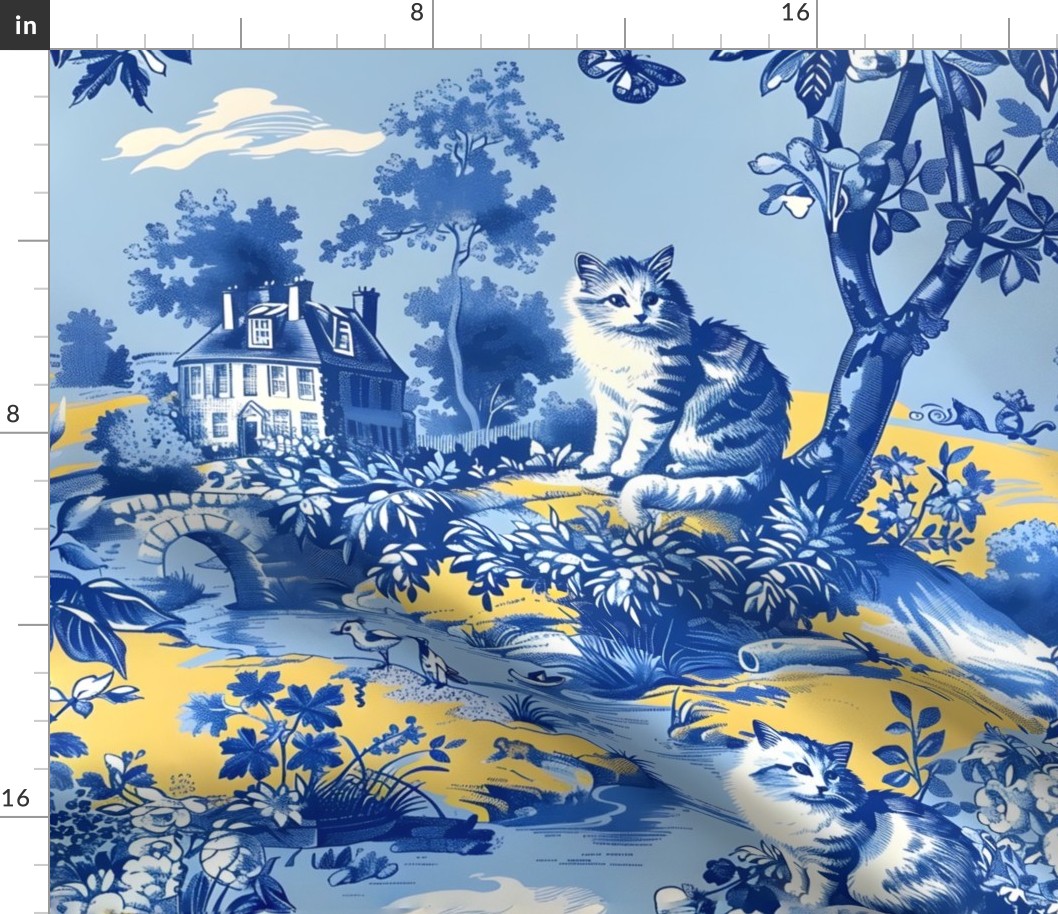 Whimsical toile de jouy with kittens and country scene in blue and yellow