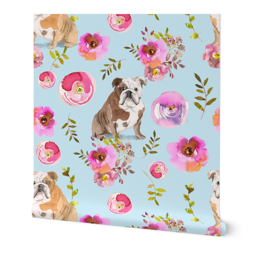 Costumer Wish- Rest In Peace - 5" bulldog dog summer flower fabric, bulldog fabric, animal fabric blue
