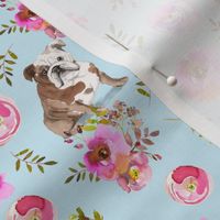 Costumer Wish- Rest In Peace - 5" bulldog dog summer flower fabric, bulldog fabric, animal fabric blue