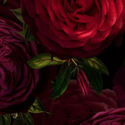 Large- Vintage Summer Romanticism: Maximalism Moody Florals - Antiqued burgundy red Roses and Nostalgic Gothic Mystic Night -  Antique Botany Wallpaper and Victorian Goth inspired 