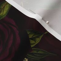 Large- Vintage Summer Romanticism: Maximalism Moody Florals - Antiqued burgundy red Roses and Nostalgic Gothic Mystic Night -  Antique Botany Wallpaper and Victorian Goth inspired 