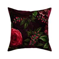 Large- Vintage Summer Romanticism: Maximalism Moody Florals - Antiqued burgundy red Roses and Nostalgic Gothic Mystic Night -  Antique Botany Wallpaper and Victorian Goth inspired 