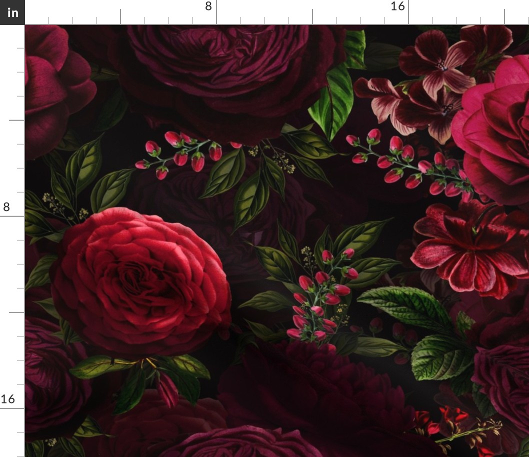 Large- Vintage Summer Romanticism: Maximalism Moody Florals - Antiqued burgundy red Roses and Nostalgic Gothic Mystic Night -  Antique Botany Wallpaper and Victorian Goth inspired 