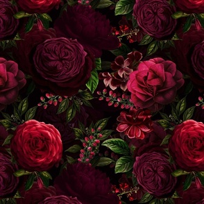 Medium - Vintage Summer Romanticism: Maximalism Moody Florals - Antiqued burgundy red Roses and Nostalgic Gothic Mystic Night -  Antique Botany Wallpaper and Victorian Goth inspired 
