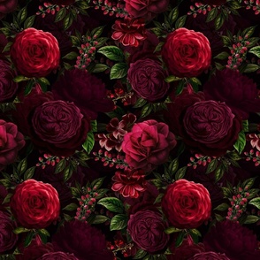 Small - Vintage Summer Romanticism: Maximalism Moody Florals - Antiqued burgundy red Roses and Nostalgic Gothic Mystic Night -  Antique Botany Wallpaper and Victorian Goth inspired 