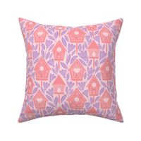 Hidden birdhouses - coral and lavender on light lavender