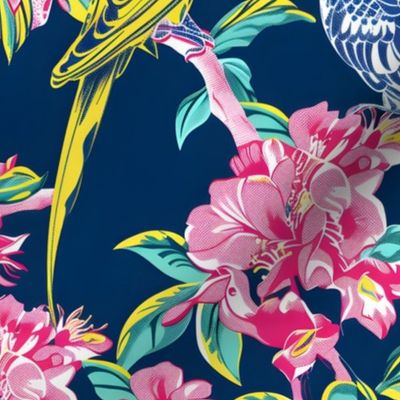 Parrots and magnolia flowers on navy blue