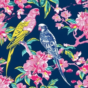 Parrots and magnolia flowers on navy blue