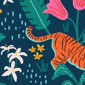 Tigers & Vibrant Petals: Floral Jungle Dream - Large Scale