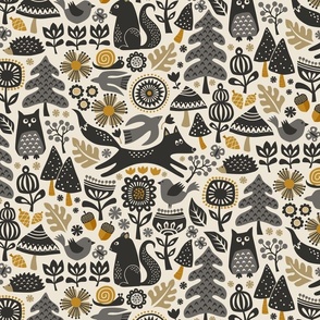 autumn forest / woodland - color v2: grey / black / mustard yellow (medium scale)