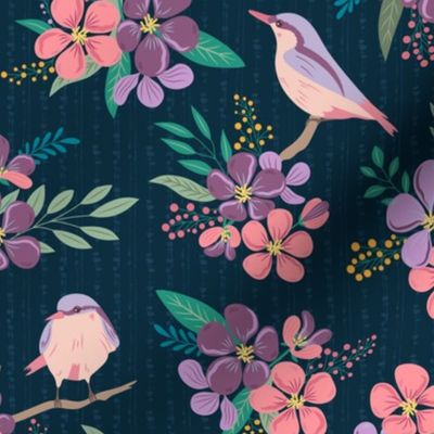 Birds and Blossoms - navy blue 
