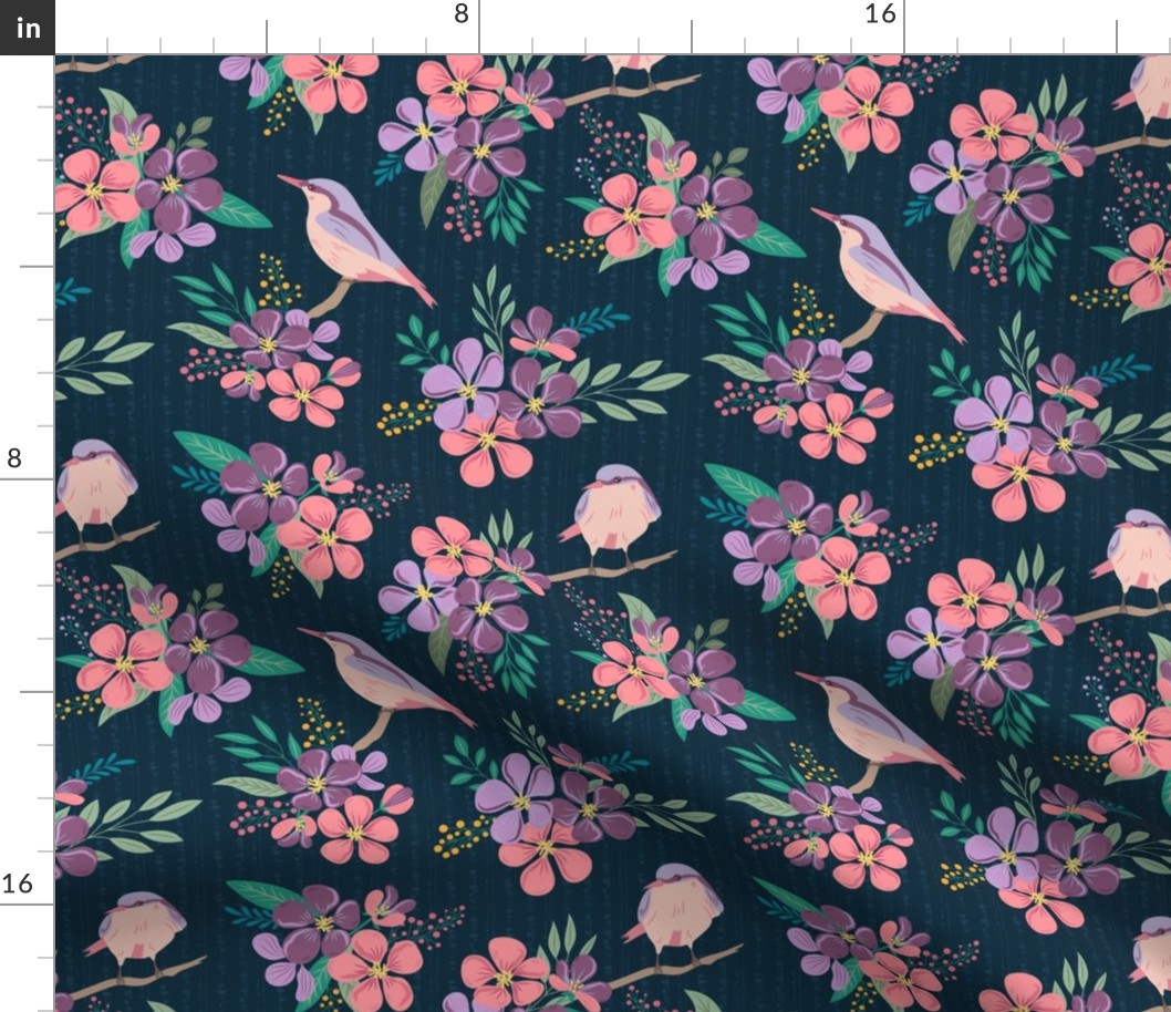 Birds and Blossoms - navy blue 