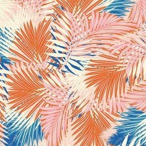 Vintage Palm Leaves - Tropical Nature in Orange, Blue, Pink and Cream Shades / Large