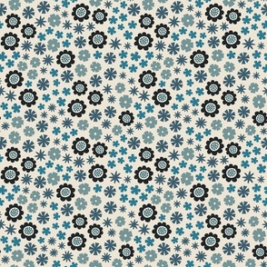 ditsy flowers - autumn forest color v3: monochrome blue / teal