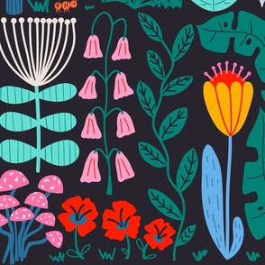 Bright Graphic Floral and Foliage on dark ground - large scale