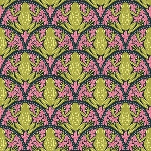 S - Frogs and Florals - Green Frog, Pink Flowers, Grey Accents, Black Background