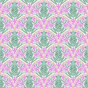 S - Frogs and Florals - Pink Flowers, Sage Green Frog, Orange Dots