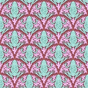 S - Frogs and Florals - Sage Green Frog, Pink Flowers, Orange Dots, Maroon Background 