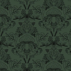 Scalloped Botanical Mushroom Woodland with Florals & - Cats - Black & Dark Green - Vintage