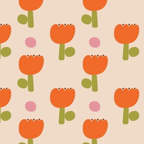 Mod Country Flowers with Rose Dots in Khaki and Burnt Orange - Medium Scale
