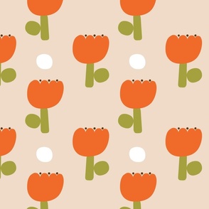 Modern Country Flowers with White Dots in Khaki and Burnt Orange - Medium Scale