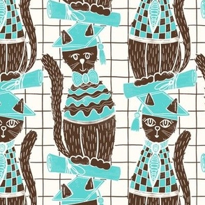 Whimsical Whiskers: Graduation Cats Block-Print Textured Pattern in Turquoise & Brown