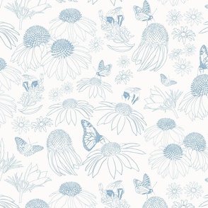 hand-drawn pollinator garden floral w/ bees, butterflies in baby blue