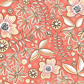 Large-scale flowers in red and cream botanical flowers in bloom for fabric