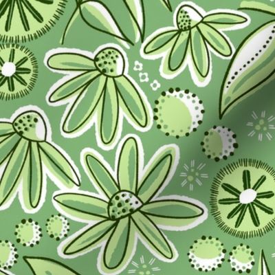 Large-scale flowers in botanical fabric design in bold green tonal hues