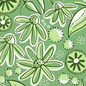 Large-scale flowers in botanical fabric design in bold green tonal hues