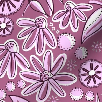 Large-scale flowers in bold tonal botanical print in fabric repeat colour in purple