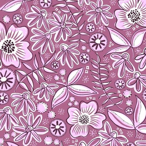 Large-scale flowers in bold tonal botanical print in fabric repeat colour in purple