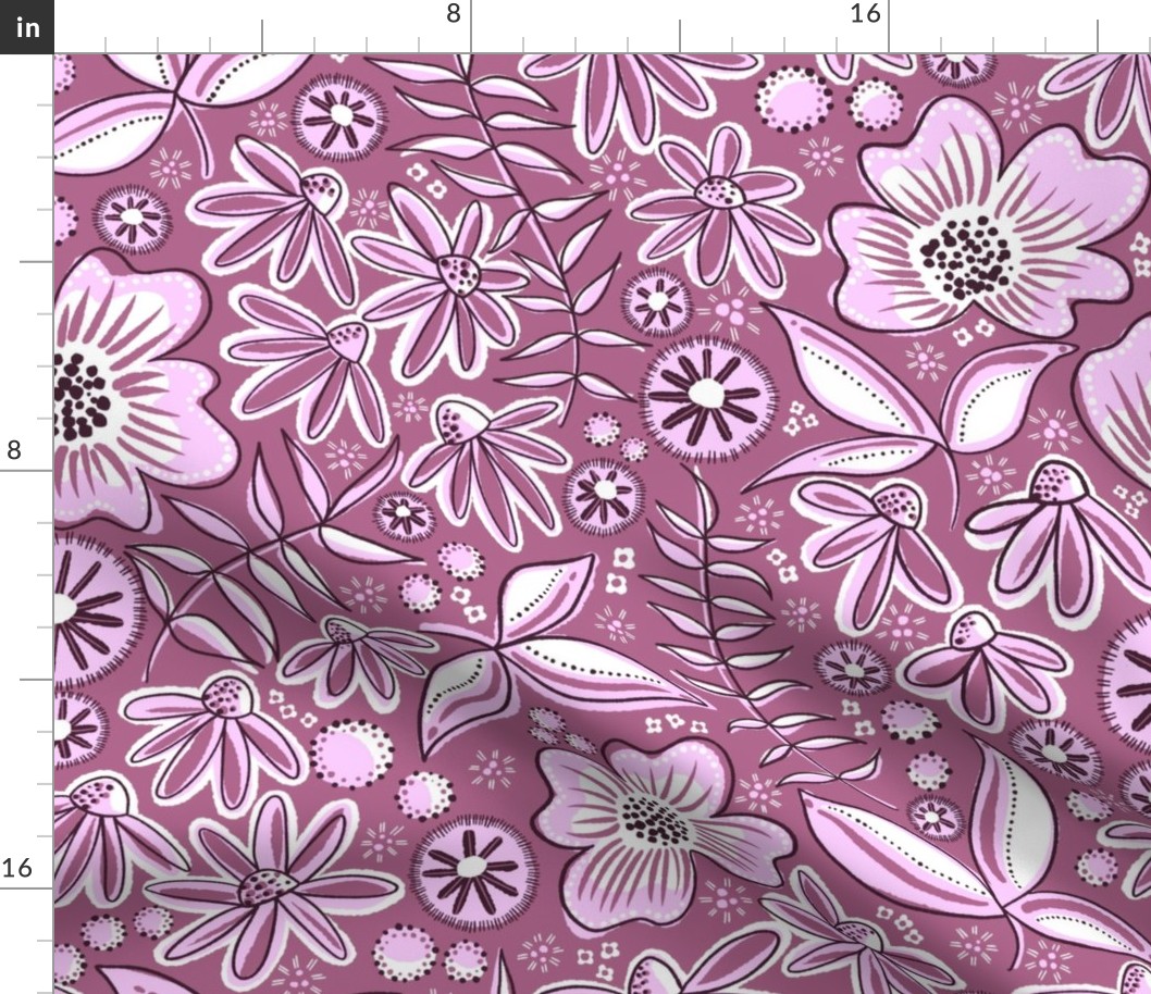 Large-scale flowers in bold tonal botanical print in fabric repeat colour in purple