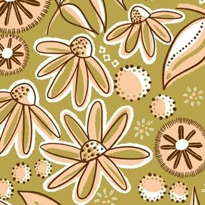 Large-scale fall florals earthtone colours in repeat pattern of a meadow in bloom.