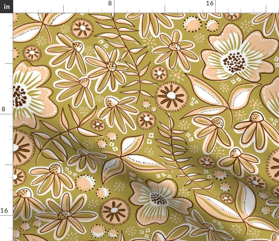Large-scale fall florals earthtone colours in repeat pattern of a meadow in bloom.