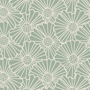 floral minimalism, line work in cream on sage green, large scale