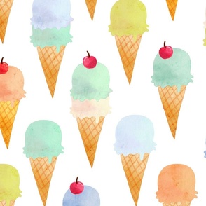 Large watercolor Ice creams with cherries - colorful on white - food dessert cute childrens birthday party - summer watercolour ice cream cones sprinkles - gender neutral nursery - baby boy baby girl