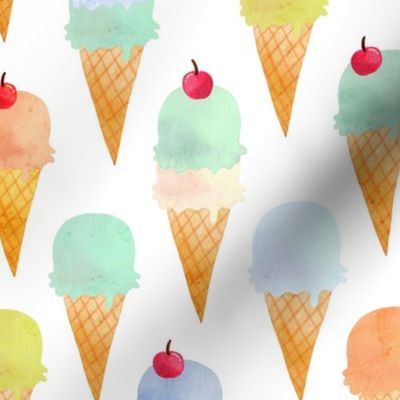 Medium watercolor Ice creams with cherries - colorful on white - food dessert cute childrens birthday party - summer watercolour ice cream cones sprinkles - gender neutral nursery - baby boy baby girl