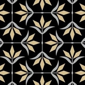 S ✹ Diamond Ogee Flower in Gold and Gray Team Colors on a Black Background - Modern Sports Decor