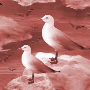 Illustrated Seagulls Flying Beach Scene, Warm Neutral Painterly Ocean View Seabird Haven, Coastal Powder Room Bathroom Birds, Seagull Water Birds, Painted Flying Birds in Rusty Reds, MEDIUM SCALE