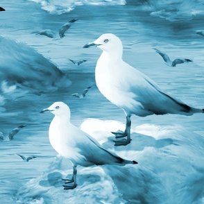 Blue and White Coastal Theme, Flock of White Seagull Birds,  Painterly Seashore Holiday House Decor, Beachy Sea Birds Artwork, Nautical Style Sea Gulls Nature Decor, Blue Ocean Waves, LARGE SCALE