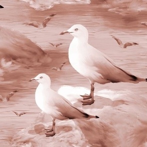Seagulls on Rocks, Brown Pastel Seashore Wildlife Pattern, Coastal Fowl Ocean Birds, Beachfront Coastal Home, Earth Toned Painterly Bird Pattern, Serene Seaside Print, SMALL SCALE