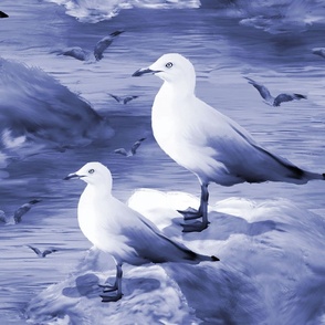 White Seagull Birds Flying, Purple White Monochrome Sea Gull Beach Scene, Beachfront Coastal Home, Majestic Sea Birds, Nautical Home Decor, Blue Ocean Waves Beach Illustration, MEDIUM SCALE