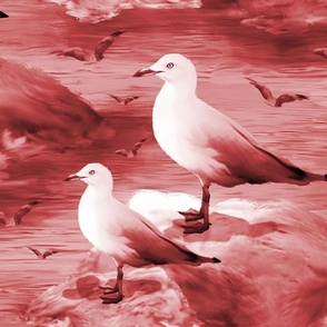 Seagull Ocean Birds Seabird Haven, Contemporary Painterly Ocean View, Monochrome Red Sea Birds Pattern, Nautical Style Sea Gulls, Painterly Pattern, Serene Seaside Print, MEDIUM SCALE