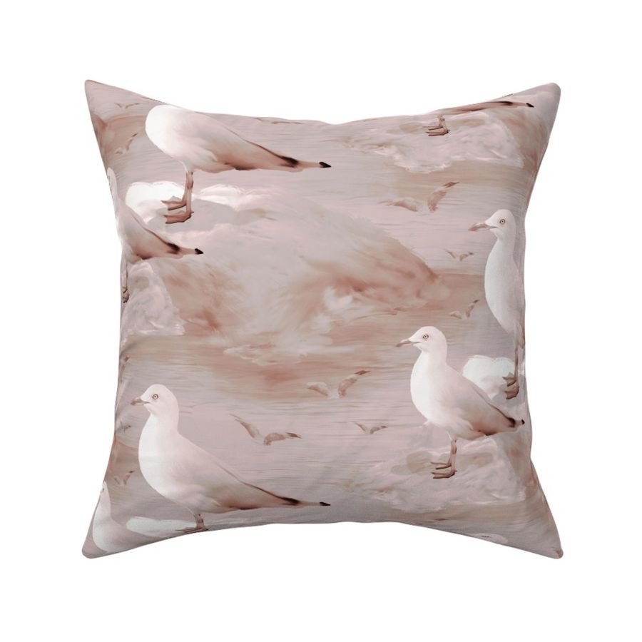 Tranquil Seaside Seagulls, Painterly Sea Birds on Rocks, Serene Ocean Views, Warm Minimalist Coastal Aesthetic Beach Seascape, Muted Pink Gray Color Palette in Painterly Style, Coastal Breeze Ocean Vista, Sun Drenched Ocean Shores, Tranquil Seagull Tidal 