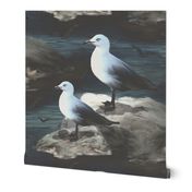 Tranquil Dark Blue Night Sky Nightime Seagulls Ocean Scene, Flying Gull Birds, Midnight Ocean Waves, Dark Moody Coastal Seabirds, Tranquil Calm Outlook,  LARGE SCALE