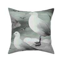 Bird Watching Lovers Painted Birds, Muted Off White Ocean Birds Sea Gazing, Serene Seagull Pattern, Flying White Gull Birds, Tranquil Vintage Green Colors, MEDIUM SCALE